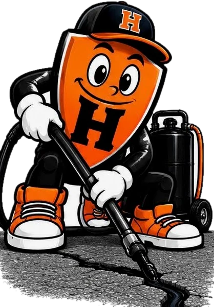 Hank the Shield in an H cap filling an asphalt crack with a wand and kettle