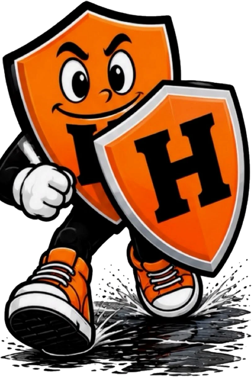Hank the Shield charging forward with his H shield raised, splashing through a puddle