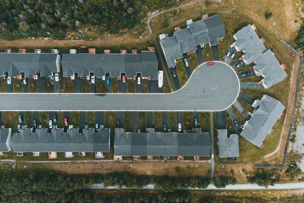 Aerial view of a neighborhood with driveways